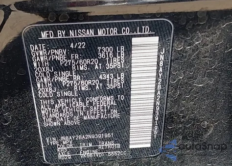 2022 Nissan Armada Sl 2Wd from USA, damaged, VIN JN8AY2BA2N9391951